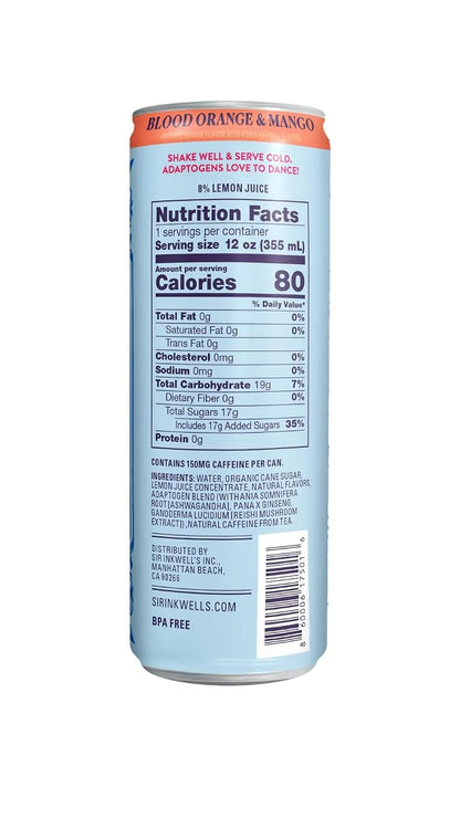 Sir Inkwell's Adaptogen Lemonade | Healthful Energy + Productivity 150 mg Organic Caffeine | 300mg Ashwagandha Reishi Ginseng | Non-GMO Certified | Blood Orange & Mango Flavor