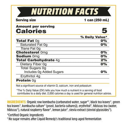 Liquid Remedy Kombucha Sugar Free Organic Drink, Low Calorie, Probiotic Like Tea for Gut Health - Ginger Lemon - 8.5 Fl Oz Can, 24-Pack