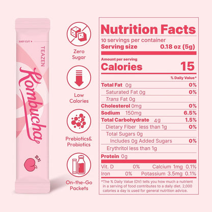 TEAZEN Peach Kombucha Powder, Hydration Drink Mix, Sugar Free, Live Probiotics & Prebiotics, On-the-Go 10 Packets, 1.76oz