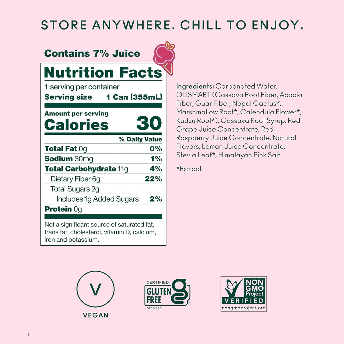 OLIPOP 6g Fiber Prebiotic Soda, Raspberry Sherbet, 12 fl oz, 12 Pack