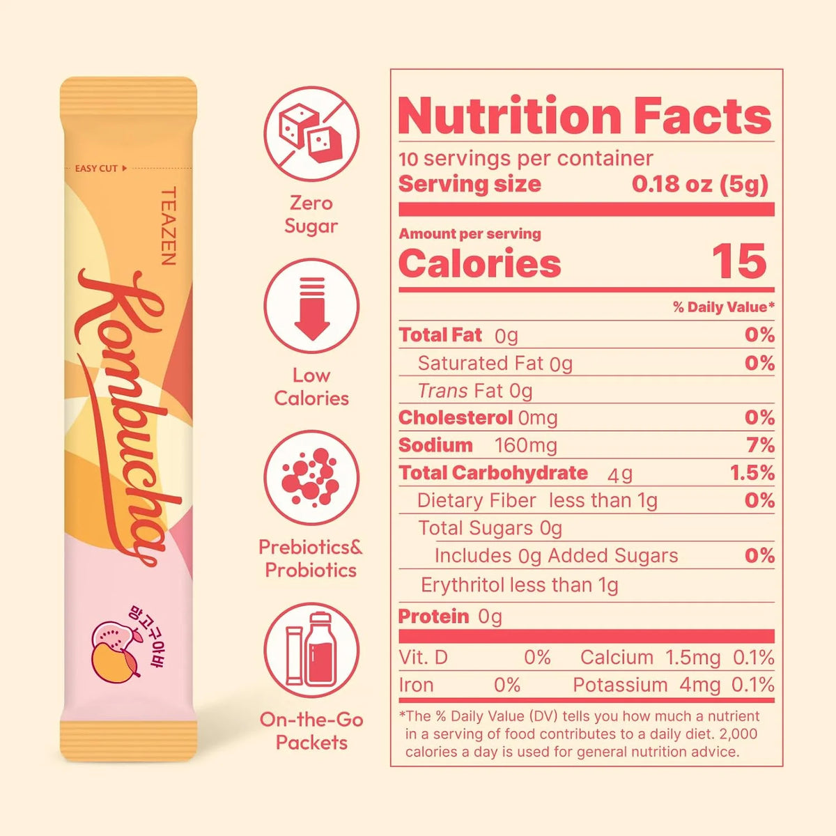 TEAZEN Mango Guava Kombucha Powder, Hydration Drink Mix, Sugar Free, Live Probiotics & Prebiotics, On-the-Go 10 Packets, 1.76oz