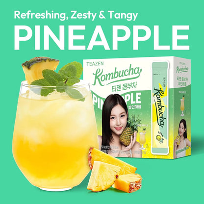 TEAZEN Pineapple Kombucha Powder, Hydration Drink Mix, Sugar Free, Live Probiotics & Prebiotics, On-the-Go 30 Packets, 5.29oz