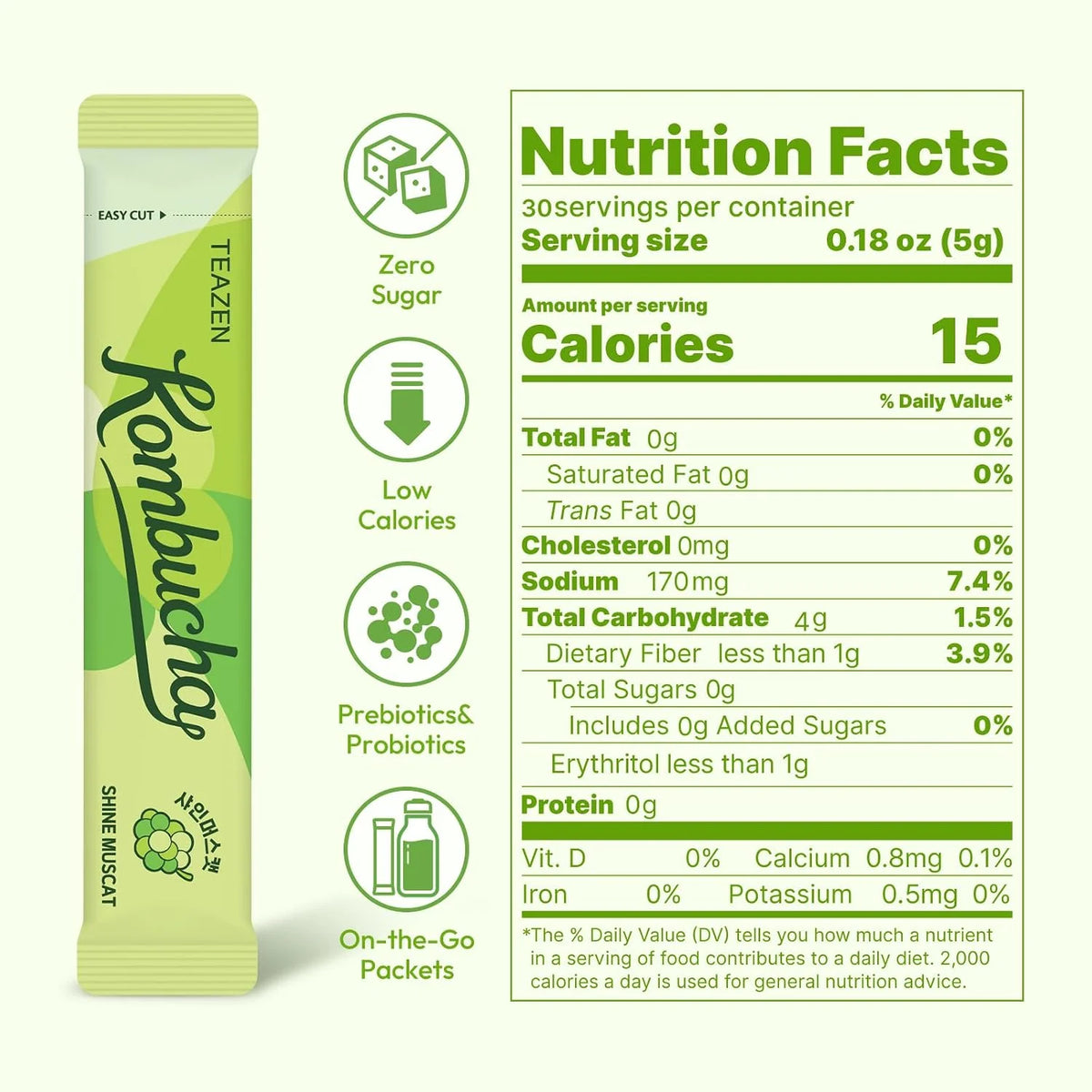 TEAZEN Shine Muscat Kombucha Powder, Electrolyte & Hydration Drink Mix, Sugar Free, Live Probiotics & Prebiotics, On-the-Go 30 Packets, 5.29oz