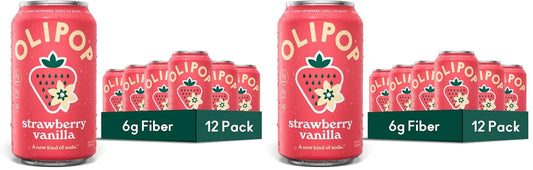 OLIPOP Prebiotic Soda Pop,Strawberry Vanilla,Pantry Pack Packed with Prebiotics,Fiber,and Botanicals,Gluten Free,Vegan,GMO Free,12oz,(Pack of 24)