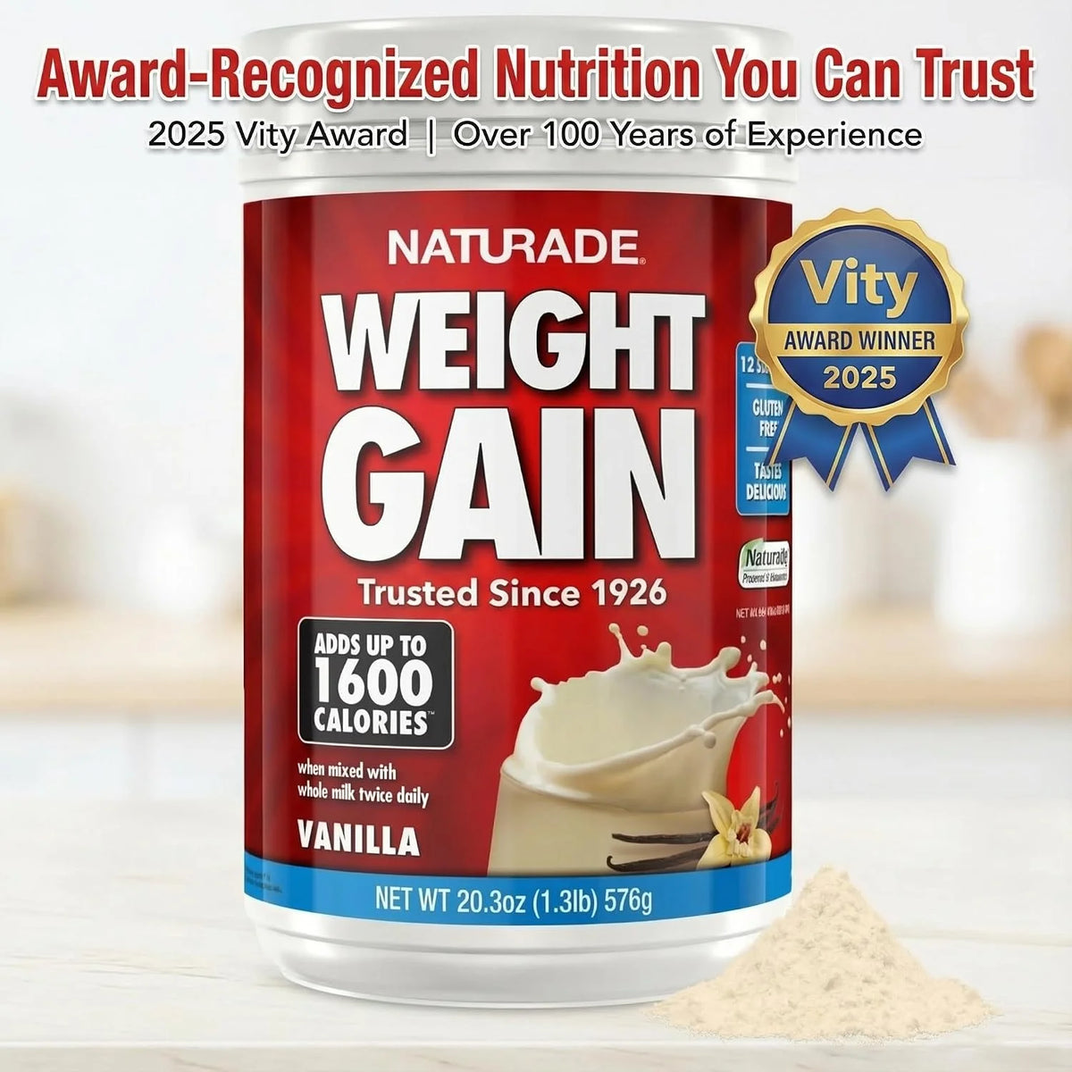Naturade All Natural Weight Gain Drink Mix - Gluten Free, Delicious Taste, 1600 Calories per Serving - Mass Gainer w/Carbohydrates & Protein - Chocolate, 40.6 Ounce (24 Servings)