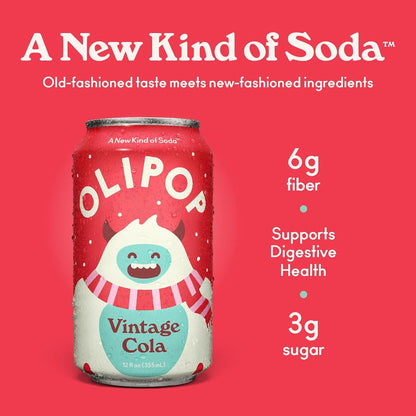 OLIPOP Prebiotic Soda Pop, Vintage Cola, Pantry Pack Packed with Prebiotics, Fiber, and Botanicals, Gluten Free, Vegan, GMO Free, 12oz, (Pack of 24)