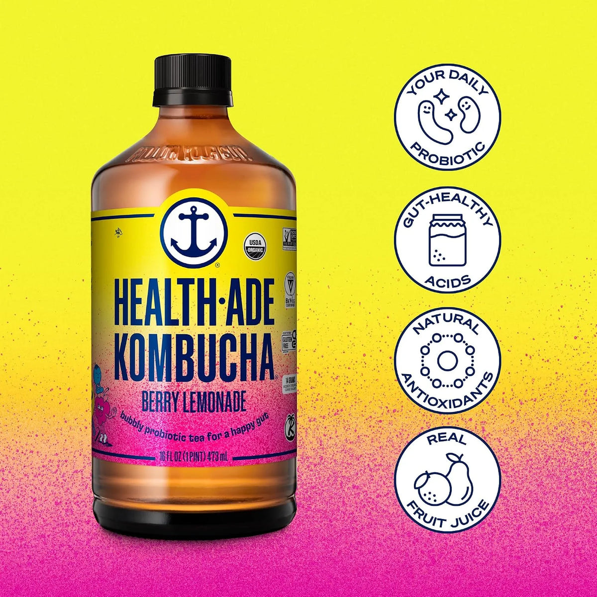 Health-Ade Kombucha Tea Organic Drink, Fermented Tea with Living Probiotics, Detoxifying Acids, Supports Gut Health, Non-GMO, Vegan, Gluten Free, 12 Pack (16 Fl Oz Bottles), Berry Lemonade