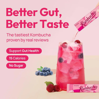 TEAZEN Berry Kombucha Tea, Hydration Drink Mix, Sugar Free, Live Probiotics & Prebiotics, 30 Sticks, 5.29oz