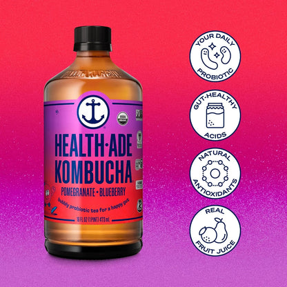 Health-Ade Kombucha Tea Organic Drink, Fermented Tea with Living Probiotics, Detoxifying Acids, Supports Gut Health, Non-GMO, Vegan, Gluten Free, 12 Pack (16 Fl Oz Bottles), Pomegranate Blueberry