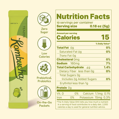 TEAZEN Kombucha Powder, Korean Plum Flavor, Zero Sugar, Sparkling Fermented Powdered Mix Beverage from Korea, Live Probiotics & Prebiotics, On-the-Go 10 Packets, 1.76oz