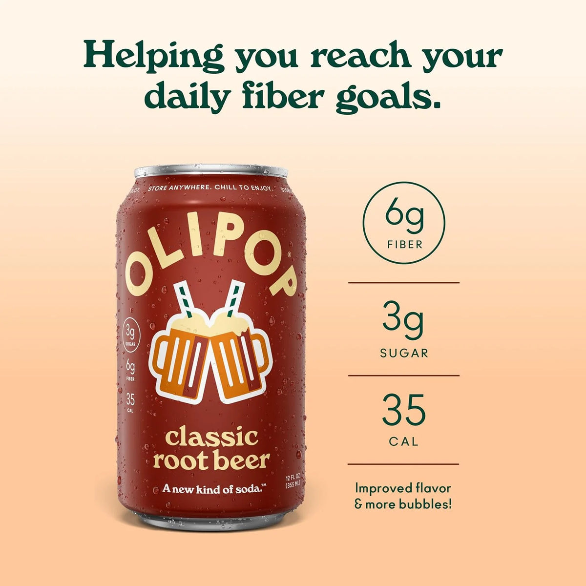 OLIPOP 6g Fiber Prebiotic Soda, Classic Root Beer, 12 fl oz, 12 Pack