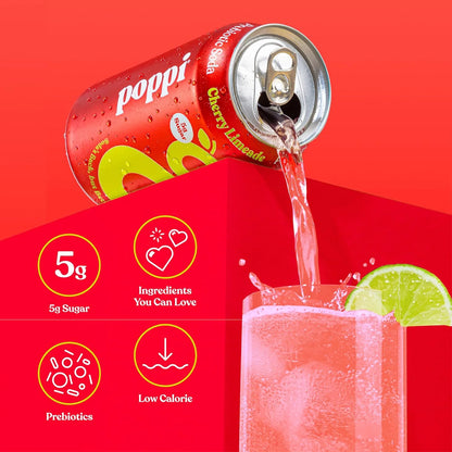 Poppi Sparkling Prebiotic Soda Beverage with Apple Cider Vinegar, Seltzer Water and Fruit Juice, Cherry Limeade Flavor, 12 Fl Oz, 1 Count, Packaging May Vary (Pack of 6)