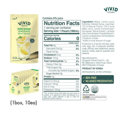 VIVID KITCHEN Lemonade Pouch Drinks – Zero Sugar, Zero Calories | Korean Convenience Store Drink | No Artificial Preservatives or Corn Syrup | 6.4 fl oz (10 Pouches) (10 Pouch, Lemonade)