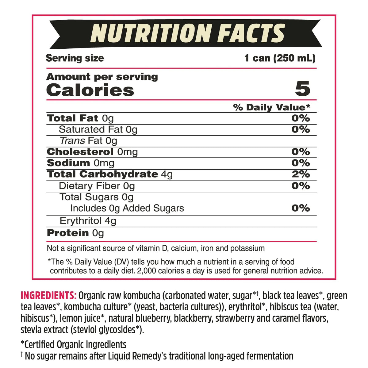 Liquid Remedy Kombucha Sugar Free Organic Drink, Low Calorie, Probiotic Like Tea for Gut Health - Mixed Berry - 8.5 Fl Oz Can, 24-Pack
