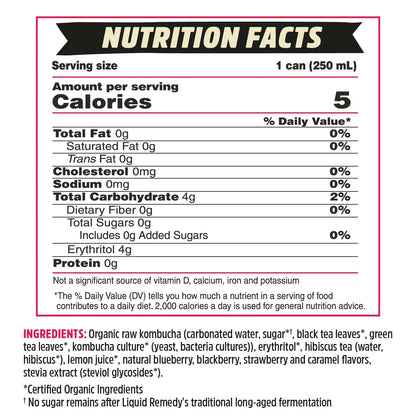 Liquid Remedy Kombucha Sugar Free Organic Drink, Low Calorie, Probiotic Like Tea for Gut Health - Mixed Berry - 8.5 Fl Oz Can, 24-Pack