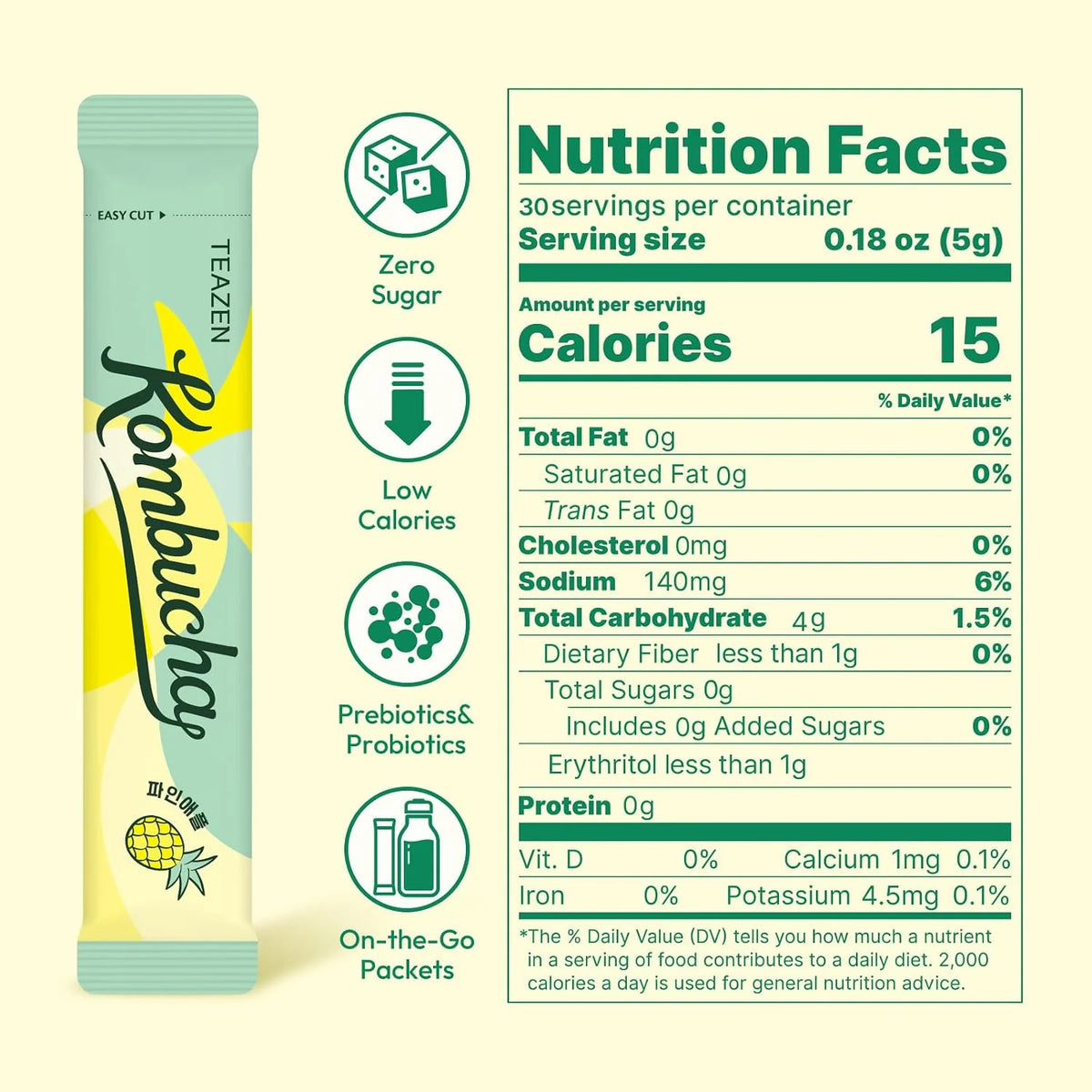 TEAZEN Pineapple Kombucha Powder, Hydration Drink Mix, Sugar Free, Live Probiotics & Prebiotics, On-the-Go 30 Packets, 5.29oz
