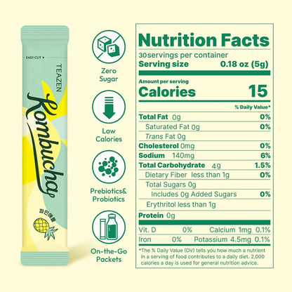 TEAZEN Pineapple Kombucha Powder, Hydration Drink Mix, Sugar Free, Live Probiotics & Prebiotics, On-the-Go 30 Packets, 5.29oz