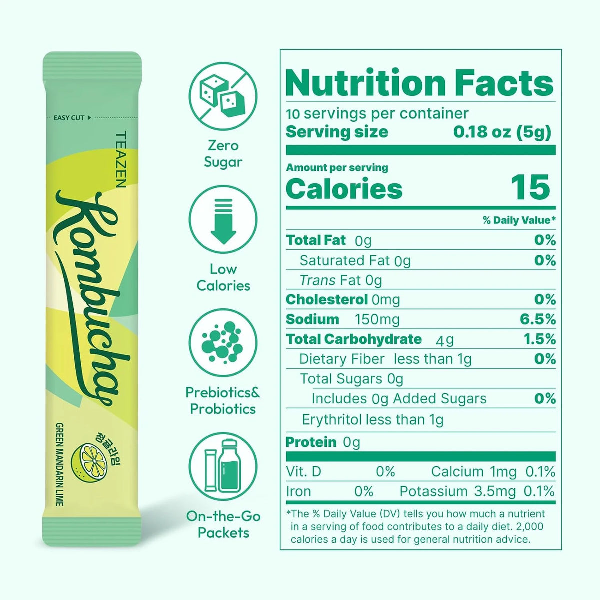 TEAZEN Green Mandarin Lime Kombucha Powder, Hydration Drink Mix, Sugar Free, Live Probiotics & Prebiotics, On-the-Go 10 Packets, 1.76oz