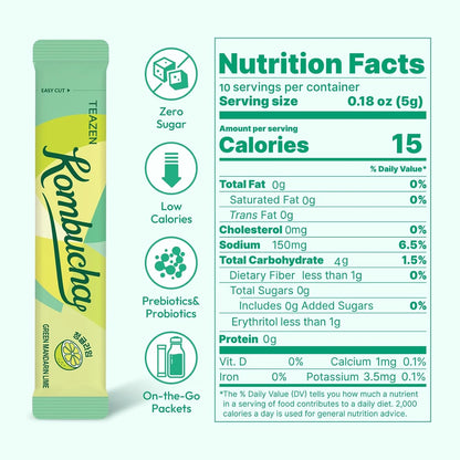TEAZEN Green Mandarin Lime Kombucha Powder, Hydration Drink Mix, Sugar Free, Live Probiotics & Prebiotics, On-the-Go 10 Packets, 1.76oz