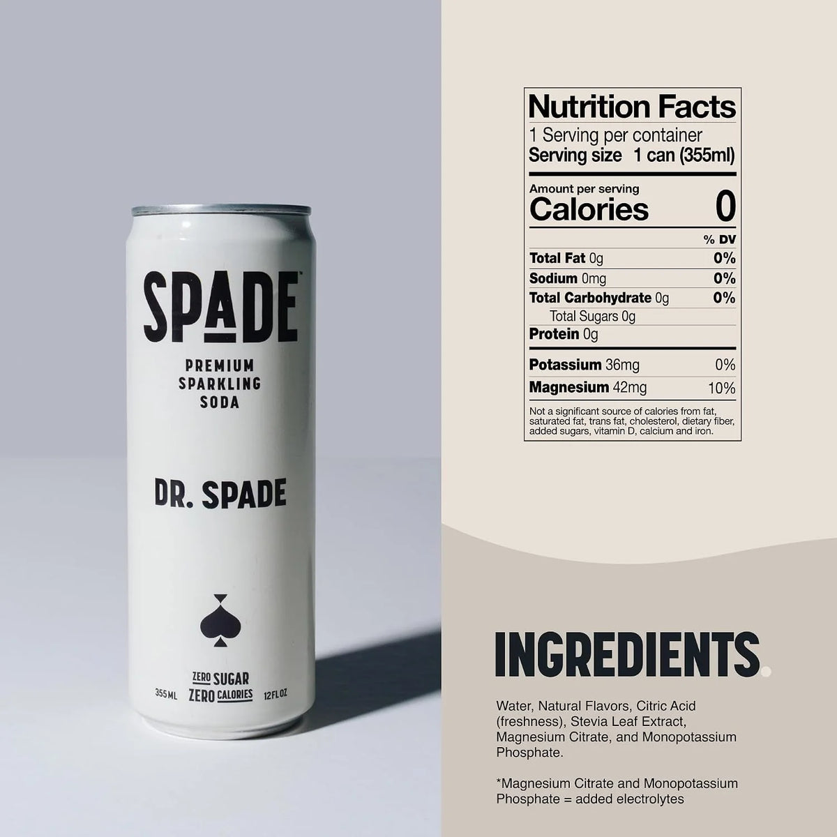 Spade Soda Dr. Spade 12 Pack, Premium All-Natural, No Sugar, No Calories, Electrolytes, Magnesium, Potassium, Healthy Non GMO, Sweet Stevia, No Artificial Sweeteners, Great Taste, Bold Taste
