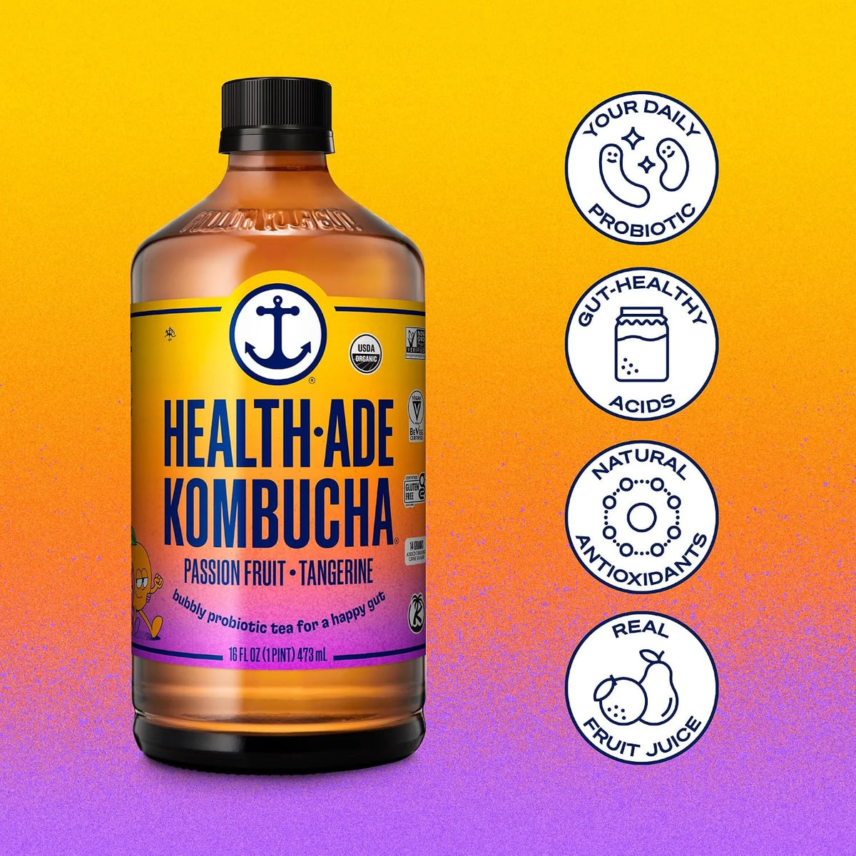 Health-Ade Kombucha Tea Organic Drink, Fermented Tea with Living Probiotics, Detoxifying Acids, Supports Gut Health, Non-GMO, Vegan, Gluten Free, 12 Pack (16 Fl Oz Bottles), Passion Fruit Tangerine