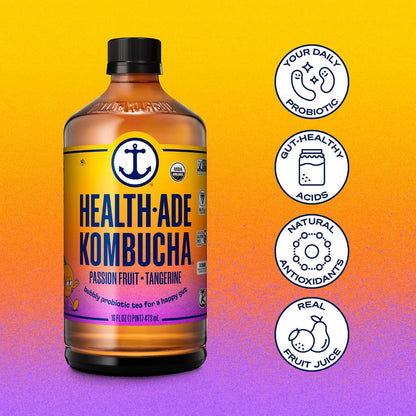 Health-Ade Kombucha Tea Organic Drink, Fermented Tea with Living Probiotics, Detoxifying Acids, Supports Gut Health, Non-GMO, Vegan, Gluten Free, 12 Pack (16 Fl Oz Bottles), Passion Fruit Tangerine