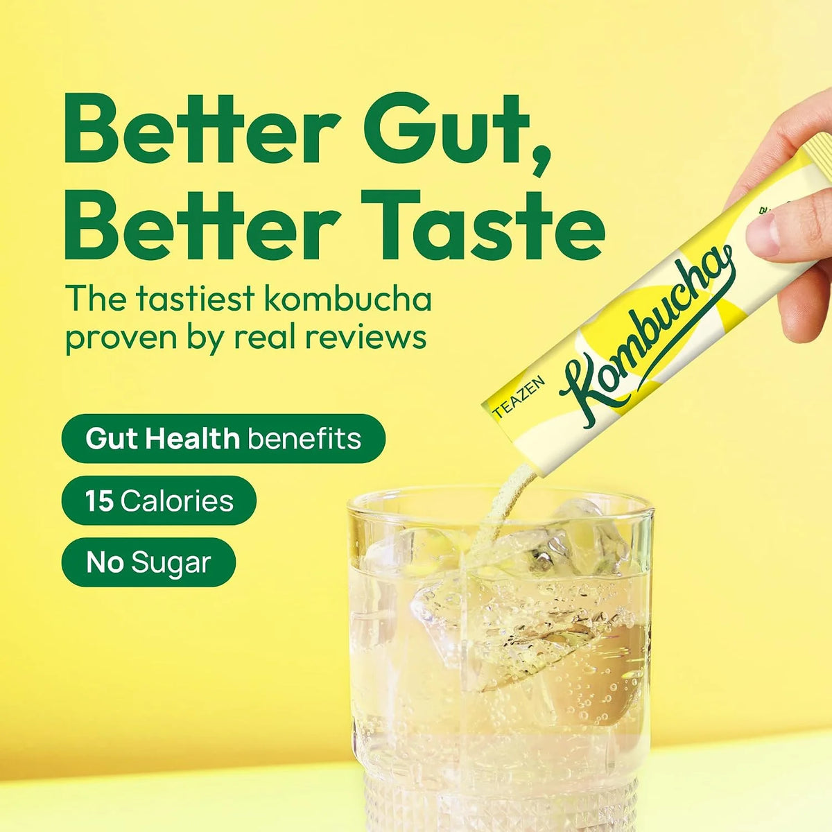 TEAZEN Lemon Kombucha Tea, Hydration Drink Mix, Sugar Free, Live Probiotics & Prebiotics, 10 Sticks, 1.76oz