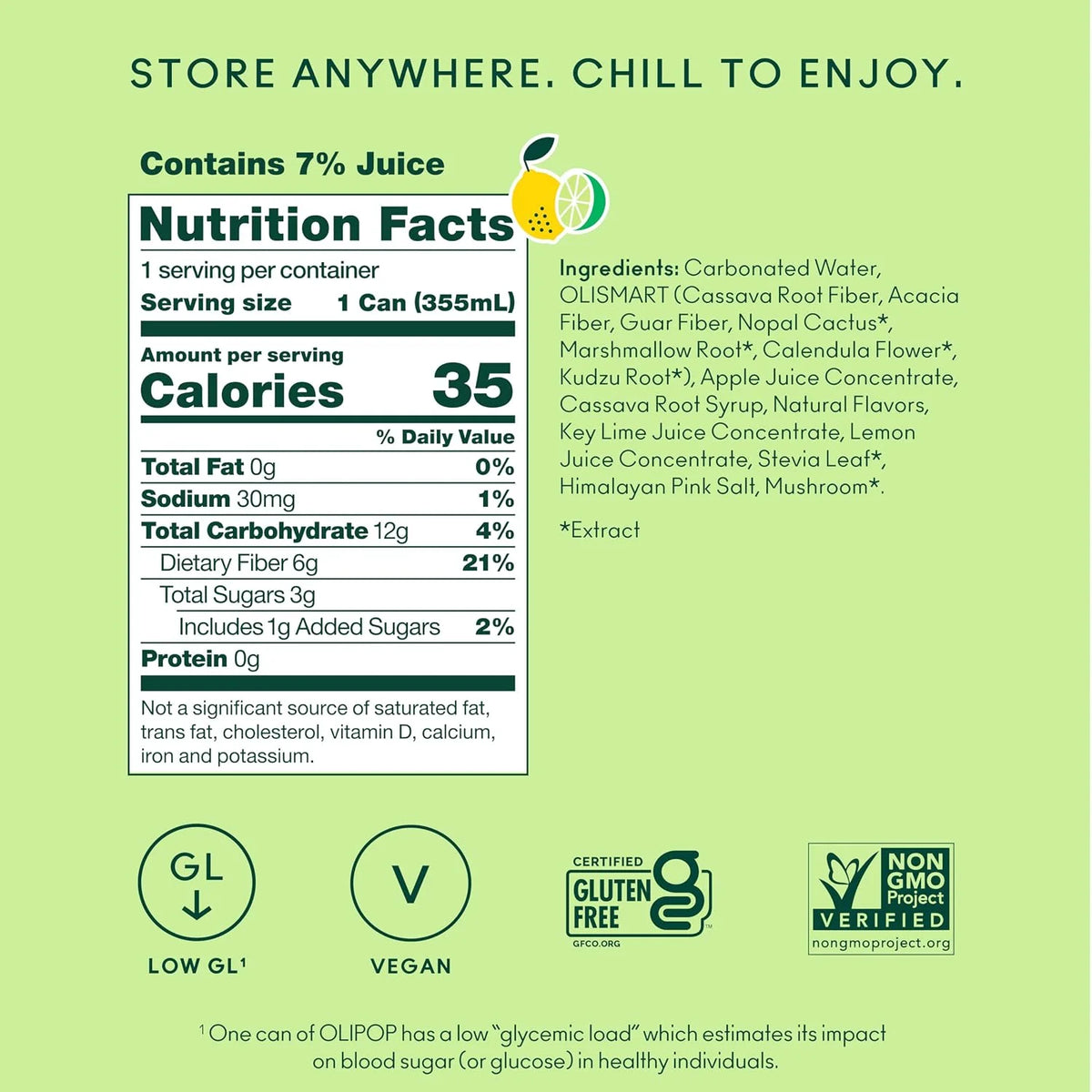 OLIPOP 6g Fiber Prebiotic Soda, Lemon Lime, 12 fl oz, 12 Pack