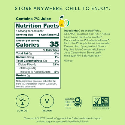 OLIPOP 6g Fiber Prebiotic Soda, Lemon Lime, 12 fl oz, 12 Pack