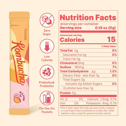 TEAZEN Mango Guava Kombucha Tea, Hydration Drink Mix, Sugar Free, Live Probiotics & Prebiotics, 30 Sticks, 5.29oz