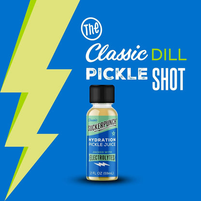 Suckerpunch Electrolyte Pickle Juice Shot, Leg and Muscle Cramp Relief, Sports Drink, Low Calorie, Gluten Free, Post Workout, Hydration, Potassium, Keto Friendly, Non GMO (Classic Dill (Pack of 1))