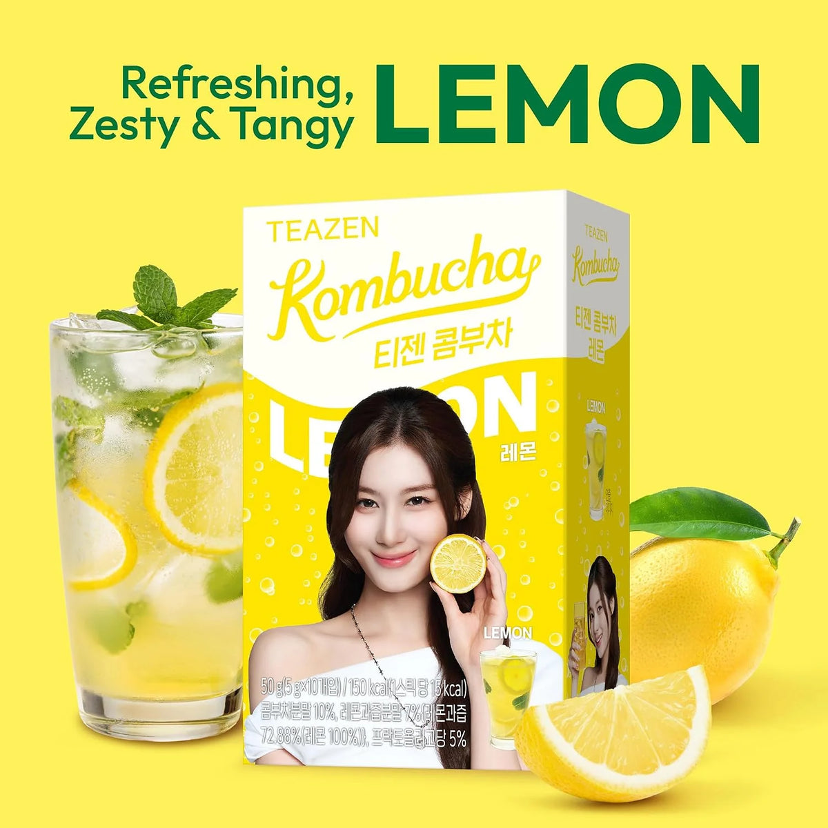TEAZEN Lemon Kombucha Tea, Hydration Drink Mix, Sugar Free, Live Probiotics & Prebiotics, 10 Sticks, 1.76oz