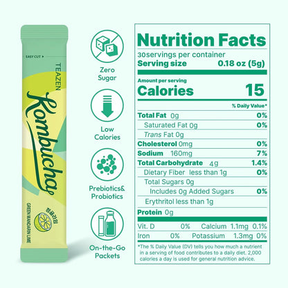 TEAZEN Green Mandarin Lime Kombucha Powder, Hydration Drink Mix, Sugar Free, Live Probiotics & Prebiotics, On-the-Go 30 Packets, 5.29oz