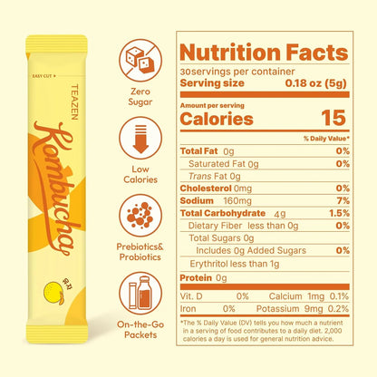 TEAZEN Citron Kombucha Tea, Hydration Drink Mix, Sugar Free, Live Probiotics & Prebiotics, 30 Sticks, 5.29oz
