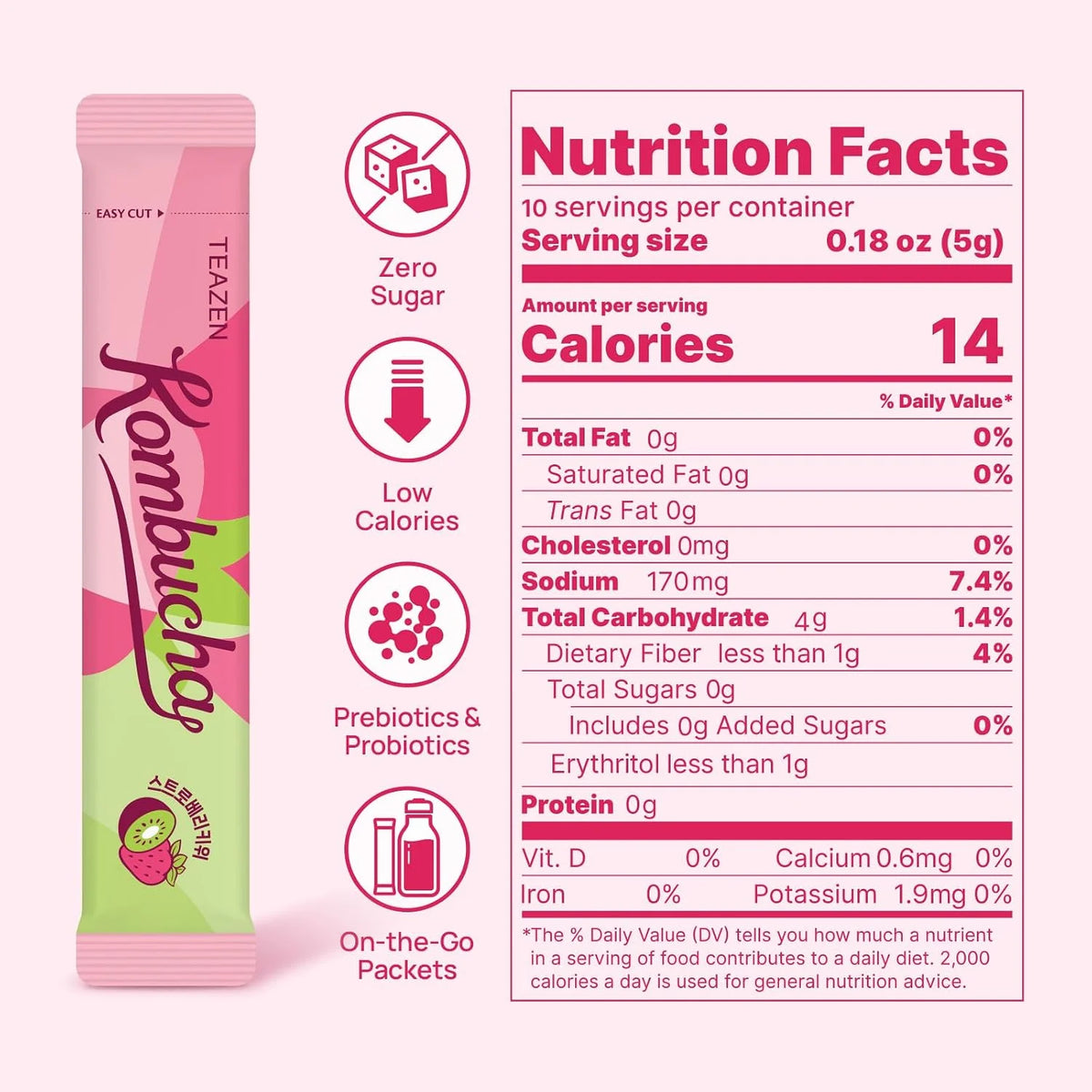 TEAZEN Strawberry&Kiwi Kombucha Powder, Hydration Drink Mix, Sugar Free, Live Probiotics & Prebiotics, On-the-Go 10 Packets, 1.76oz