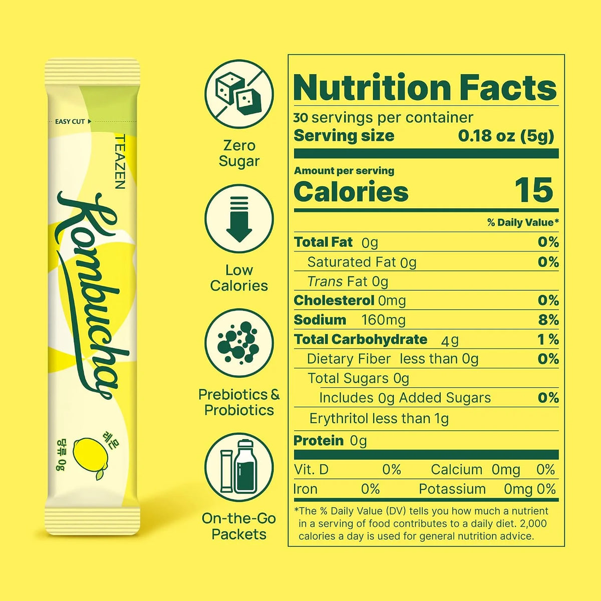 TEAZEN Lemon Kombucha Powder, Hydration Drink Mix, Sugar Free, Live Probiotics & Prebiotics, On-the-Go 30 Packets, 5.29oz