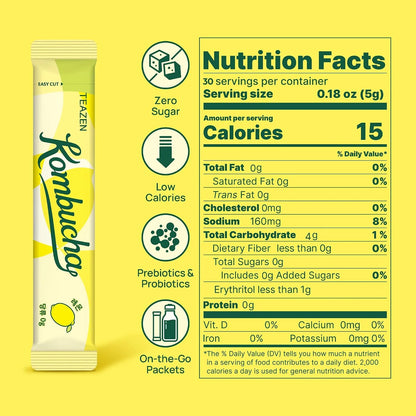 TEAZEN Lemon Kombucha Powder, Hydration Drink Mix, Sugar Free, Live Probiotics & Prebiotics, On-the-Go 30 Packets, 5.29oz