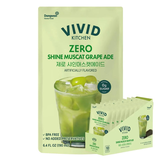 VIVID KITCHEN Korean Grape Ade – Shine Muscat Flavor – Zero Sugar, Zero Calories – 6.4 fl oz (10 Pouches) – No Preservatives or Corn Syrup – Natural Korean Drink for Hydration & Refreshment
