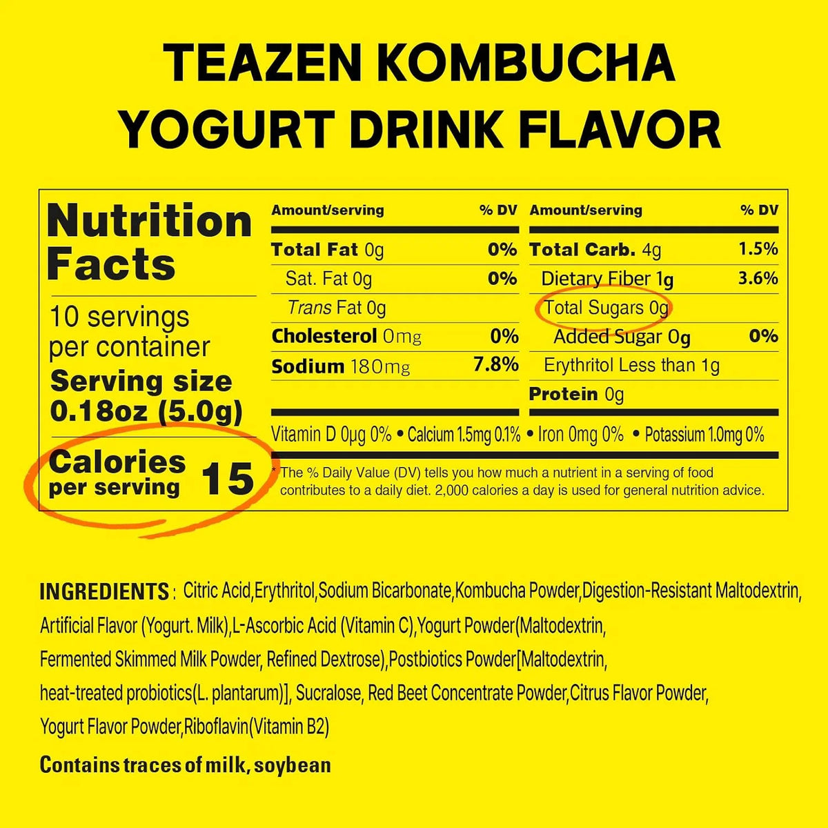TEAZEN Yogurt Flavored Kombucha Powder, Hydration Drink Mix, Sugar Free, Live Probiotics & Prebiotics, On-the-Go 10 Packets, 1.76oz
