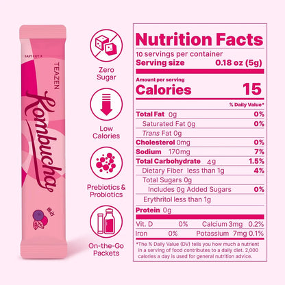 TEAZEN Berry Kombucha Powder, Hydration Drink Mix, Sugar Free, Live Probiotics & Prebiotics, On-the-Go 10 Packets, 1.76oz