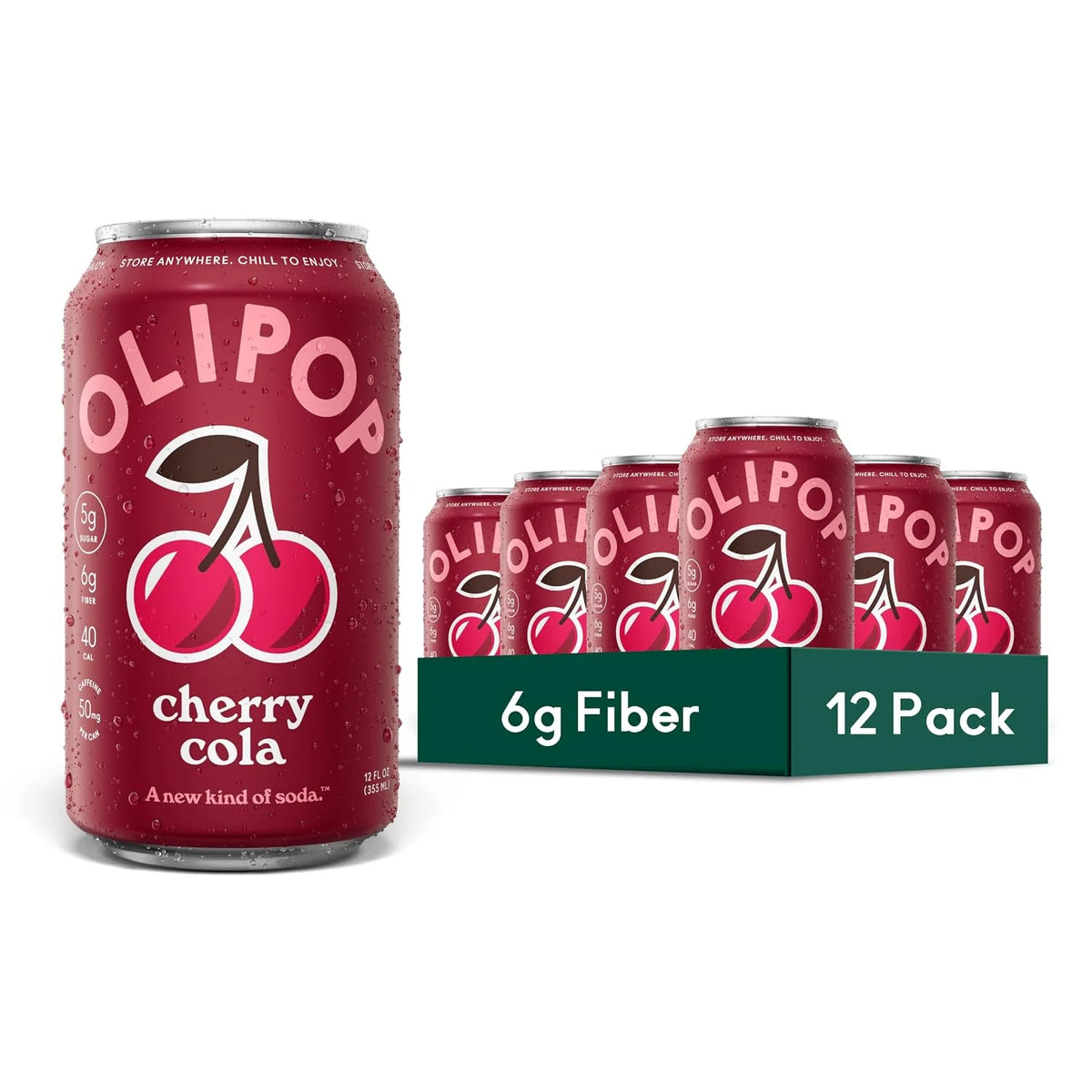 OLIPOP 6g Fiber Prebiotic Soda, Cherry Cola, 12 fl oz, 12 Pack