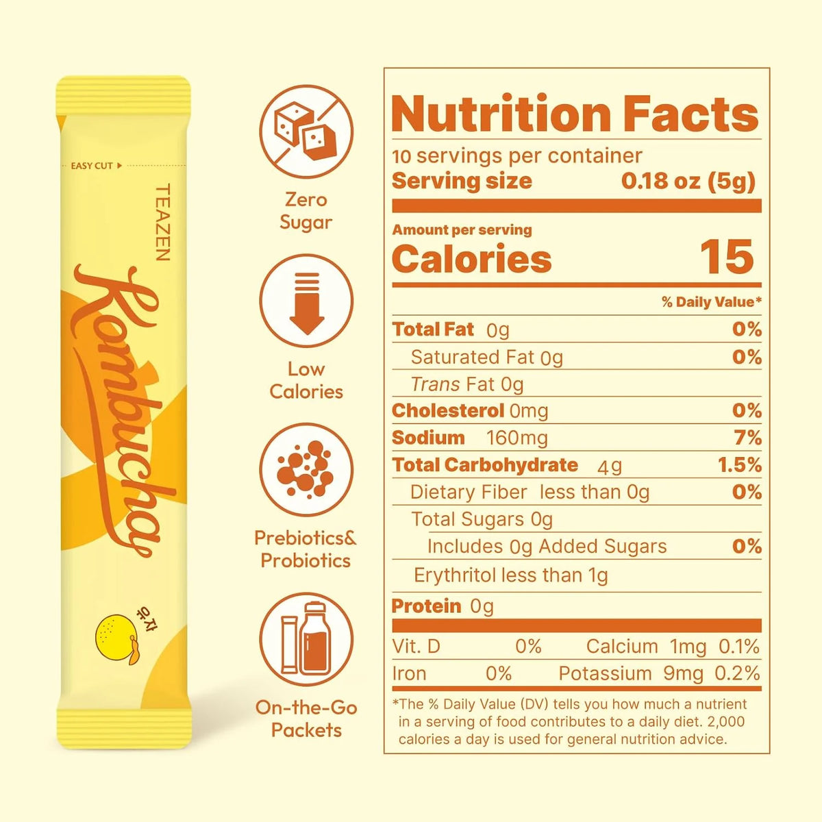 TEAZEN Citron Kombucha Tea, Hydration Drink Mix, Sugar Free, Live Probiotics & Prebiotics, 10 Sticks, 1.76oz